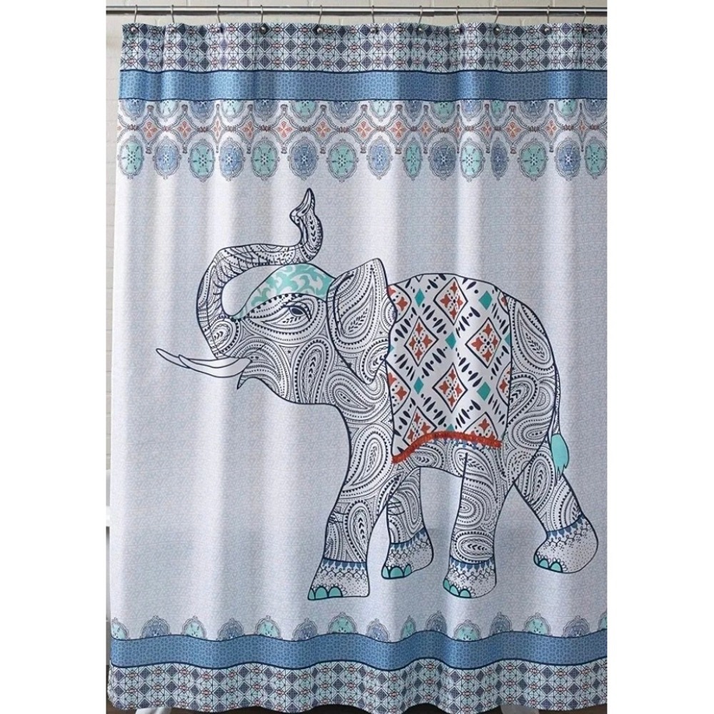 BH&G Global Elephant Shower Curtain Navy Blue Orange Fringe Tassel Boho NWOT